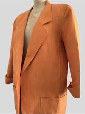 Vintage 90s Ellen Tracy Orange Linen Summer Minimalist Blazer Jacket Size 10